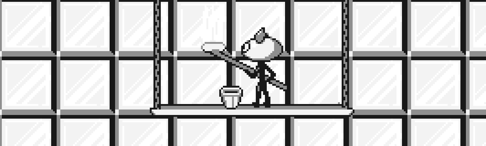 Some tomato man working in a building cleaning window panes